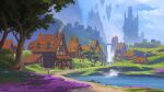  andreas_rocha artist_name bridge building european_architecture floating_rock flower grass highres lake mountain original outdoors purple_flower road_sign scenery sign sky tree village water 