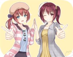  2girls :d ;d ahoge all_justice beret black_ribbon blue_eyes blue_shirt blush breasts brown_hat casual collarbone collared_shirt commentary_request company_connection cowboy_shot crossover eyelashes eyes_visible_through_hair grey_shirt grin hair_between_eyes hair_ornament hair_ribbon hair_scrunchie hands_up hat highres holding_hands hood hood_down hoodie index_finger_raised look-alike looking_at_viewer medium_hair mibu_chisaki multiple_girls noble_works official_alternate_costume one_eye_closed open_clothes open_hoodie open_mouth open_shirt outline pink_hoodie pointing pointing_at_viewer red_eyes red_hair ribbon riddle_joker sanjou_makoto scrunchie shirt side_ponytail simple_background small_breasts smile striped_clothes striped_hoodie white_outline yellow_background yellow_scrunchie yuzu-soft 
