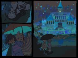  2others androgynous bandage_on_face bandage_on_nose bandages bandaid bandaid_on_face blush brown_hair buck_teeth castle closed_eyes collared_sweater frisk_(undertale) hair_between_eyes highres holding holding_umbrella long_sleeves monster_kid_(undertale) multiple_others open_mouth other_focus pants poncho scenery shirt shoes short_hair smile sneakers socks sparkle split_screen standing striped_clothes striped_shirt striped_sweater sweater teeth two-tone_sweater umbrella undertale upper_body utdr_(toby_fox) white_socks yaksa_del 