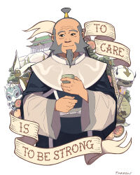  1boy appa architecture artist_name avatar_legends balding beard cup east_asian_architecture english_commentary english_text facial_hair grey_hair holding holding_cup instrument iroh long_hair looking_at_viewer male_focus mask momo_(avatar) old old_man pouch rfarrowster robe smile unworn_mask white_background wide_sleeves 