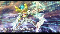  1boy 1girl armor blue_eyes gattai glowing glowing_eyes gold_armor helmet highres jimmy2010 mecha mechanical_wings mikumikudance mikumikudance_(medium) no.1_sentai_gozyuger no_humans queen_tegajune red_helmet robot super_sentai tega_sword tega_sword_red tegajune tokusatsu weapon wings yellow_helmet 