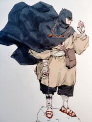  1boy bag batman batman_(series) batman_symbol bead_necklace beads black_cape brown_kimono cape closed_mouth cowl dc_comics floating_cape full_body highres japanese_clothes jewelry kimono long_sleeves looking_ahead male_focus monk mudra necklace profile puffy_long_sleeves puffy_sleeves sash shoulder_bag solo standing uzair_rashid waraji white_sash 