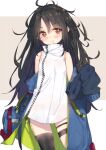  1girl bare_shoulders black_hair blush brown_eyes c-ms_(girls&#039;_frontline) commentary_request dress eip_(pepai) girls_frontline jacket messy_hair off_shoulder simple_background single_thighhigh sleeveless sleeveless_dress sleeves_past_wrists smile solo thigh-highs white_dress zipper_pull_tab 