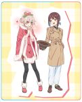  2girls :d black_pantyhose blue_hair blunt_bangs blush brown_coat brown_eyes brown_footwear coat commentary_request full_body fur-trimmed_coat fur_trim grey_hair hair_between_eyes hair_bun hair_ornament hair_up hand_in_pocket hat hat_removed headwear_removed heart highres holding holding_clothes holding_hat holly_hair_ornament hozuki_momiji long_sleeves looking_at_another matsuharu_(lip-mil) multicolored_hair multiple_girls onii-chan_wa_oshimai! open_mouth oyama_mahiro pants pantyhose red_coat red_footwear shoes short_hair short_ponytail simple_background smile sparkle two-tone_hair white_pants 