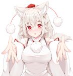  1girl animal_ears breasts commentary detached_sleeves hat inubashiri_momiji large_breasts looking_at_viewer open_mouth pom_pom_(clothes) reaching_towards_viewer red_eyes red_headwear rururiaru shirt short_hair solo tokin_hat touhou upper_body white_hair white_shirt wide_sleeves wolf_ears wolf_girl 