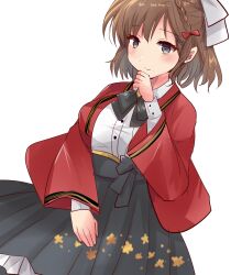 1girl asahi_(kancolle) black_hakama brown_eyes coat collared_shirt dress_shirt grey_eyes hakama hakama_skirt highres hirune_(konekonelkk) japanese_clothes kantai_collection mole mole_under_mouth red_coat ribbon shirt short_hair side_brais simple_background skirt solo white_background white_ribbon white_shirt 