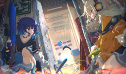  2girls absurdres ama_rei arm_warmers black_shirt blue_eyes blue_hair blue_shorts brown_hair commentary gradient_hair gun headphones highres holding holding_gun holding_weapon indoors jacket kneeling komori_met lens_flare looking_inside multicolored_hair multiple_girls orange_jacket pencil red_eyes shirt short_sleeves shorts tagme tsumugi_kokage virtual_youtuber vspo! weapon 