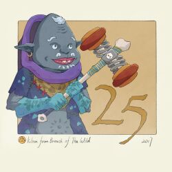  1boy blue_gloves blue_shirt brown_background character_name commentary copyright_name dark-skinned_male dark_skin ear_piercing gloves hammer highres holding holding_hammer kilton male_focus navel piercing pointy_ears purple_hood shirt solo stitches the_legend_of_zelda the_legend_of_zelda:_breath_of_the_wild triforce white_hair yangyaozigo 