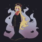  1girl artist_name black_background black_dress black_headwear blonde_hair bright_pupils cosmicmind dated dress energy full_body hands_in_opposite_sleeves junko_(touhou) long_hair long_sleeves looking_at_viewer one-hour_drawing_challenge red_eyes simple_background solo star_(symbol) tassel touhou very_long_hair wide_sleeves 