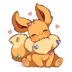  absurdres animal_focus blush brown_fur bug butterfly closed_eyes closed_mouth eevee fluffy full_body happy highres no_humans pokemon pokemon_(creature) pokemon_focus sevi_(seviyummy) simple_background smile tail white_background 