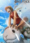 1boy black_eyes black_hair blue_sky clouds cloudy_sky copyright_name english_text going_merry hat holding male_focus monkey_d._luffy official_art one_piece scar short_hair shorts sitting sky sleeveless slippers smile solo straw_hat straw_hat_pirates straw_hats_jolly_roger studio_viga sunlight water_drop 