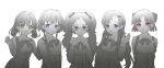  5girls ahoge alternate_hairstyle blue_eyes braid collared_shirt grey_eyes hair_ornament hair_ribbon hairclip highres long_hair looking_at_viewer may_(2747513627) medium_hair meguro_miyuki monochrome multiple_girls neck_ribbon open_mouth pink_eyes ribbon sayonara_wo_oshiete shirt short_hair simple_background sketch smile spot_color sugamo_mutsuki takada_nozomi tamachi_mahiru twin_braids twintails ueno_koyori underbust upper_body very_long_hair vest violet_eyes white_background yellow_eyes 