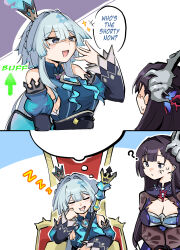  2girls absurdres black_eyes blue_dress blue_fire blue_hair bossjob3 breasts cerydra_(honkai:_star_rail) closed_eyes crown dreaming dress english_text fire highres honkai:_star_rail honkai_(series) hysilens_(honkai:_star_rail) large_breasts long_hair multiple_girls saliva sitting_on_throne small_breasts 