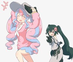  +++ 2girls anger_vein angry blue_hair blue_skirt borrowed_accessory bow brown_eyes closed_eyes collared_shirt dark_miku_(project_voltage) dress fairy_miku_(project_voltage) gloves green_hair grey_dress grey_hat hat hat_bow hatsune_miku highres long_sleeves multicolored_hair multiple_girls open_mouth pink_hair pink_sweater pokemon project_voltage sagami_sagari shirt simple_background skirt sweatdrop sweater twintails two-tone_hair vocaloid white_background white_shirt 