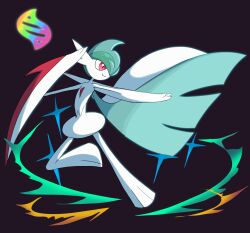  1boy arm_blade arm_up blue_hair closed_mouth colored_skin commentary_request full_body gallade green_hair hair_over_one_eye hand_up happy highres leg_up looking_afar male_focus mega_evolution mega_evolution_symbol mega_gallade mega_pokemon mohawk monya multicolored_hair one_eye_covered outstretched_arm pokemon pokemon_(creature) purple_background red_eyes short_hair smile solo standing standing_on_one_leg two-tone_hair weapon white_skin 