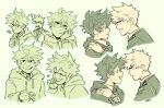 ! !! 2boys ? bakugou_katsuki boku_no_hero_academia closed_mouth commentary english_commentary eye_contact green_theme habkart hand_on_another&#039;s_shoulder head_rest heart highres holding_another&#039;s_wrist hood hood_down hoodie long_sleeves looking_at_another male_focus midoriya_izuku multiple_boys multiple_views open_mouth school_uniform short_hair simple_background sketch smile spiky_hair u.a._school_uniform upper_body v 