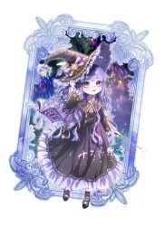  1girl absurdres aerial_fireworks ankle_strap arm_at_side bell_sleeves belt black_capelet black_dress black_hat black_pantyhose black_shoes blunt_ends book border bow capelet chinese_commentary closed_mouth constellation_print cross-laced_clothes cross-laced_dress deformed dress female_saniwa_(touken_ranbu) fireworks floating floating_book floating_object footwear_bow frilled_dress frilled_hat frilled_sleeves frills full_body gold_trim hair_ornament hand_on_headwear hat hat_bow hat_chain hat_feather hat_ornament hexagram highres holding holding_wand lace-trimmed_headwear lace_trim light_particles long_dress long_hair long_sleeves looking_at_viewer luki_9713 mole mole_under_eye nail_polish night open_book orange_lips original ornate_border outside_border palm_tree pantyhose purple_belt purple_bow purple_capelet purple_hair purple_hat purple_nails purple_shirt saniwa_(touken_ranbu) shirt shoes smile solo spider_web_print star_(symbol) star_hair_ornament star_hat_ornament star_of_david star_print striped_bow touken_ranbu tree two-sided_fabric two-sided_headwear violet_eyes wallet_chain wand wavy_hair white_border witch witch_hat 