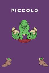  1boy bald blending colored_skin debudebumetabo dragon_ball dragon_ball_z fewer_digits full_body green_skin highres male_focus no_eyebrows pants piccolo pointy_ears purple_pants purple_shirt red_sash sash shirt solo 