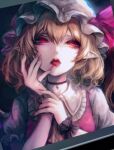  +_+ 1girl blonde_hair blurry blurry_background choker depth_of_field fangs fingernails flandre_scarlet frilled_shirt_collar frills hair_between_eyes half-closed_eyes hands_up hat highres kyogoku-uru lips looking_at_viewer mob_cap nail_polish portrait red_eyes red_nails solo tongue tongue_out touhou vampire 