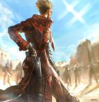  absurdres anniechromes black_gloves blonde_hair blue_sky coat cow_boy cowboy_western gloves gun highres holding holding_weapon long_coat male_focus manly multiple_boys prosthesis prosthetic_arm red_coat revolver round_eyewear short_hair signature sky sunglasses town trigun vash_the_stampede weapon 