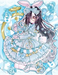  1girl animal_ears black_hair bow covered_eyes dress gothic_lolita hair_over_one_eye hamaguri_mafuyu heaven_burns_red highres lolita_fashion long_hair long_sleeves one_eye_covered pantyhose rabbit_ears red_eyes solo sweet_lolita tenne_miko very_long_hair white_pantyhose 