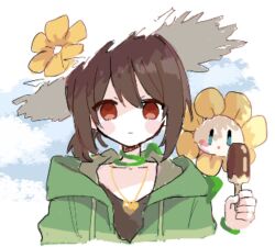  1boy 1other androgynous black_shirt blank_eyes blue_sky blush brown_hair chara_(undertale) closed_mouth clouds cloudy_sky day drawstring flower flowey_(undertale) food gold_necklace hat heart heart_necklace holding holding_food holding_ice_cream hood hood_down hoodie ice_cream jewelry long_sleeves looking_at_viewer necklace open_mouth other_focus outdoors plant popsicle red_eyes shirt short_hair simple_background sky smy_610 solo straw_hat striped_clothes striped_hoodie summer sun_hat sunlight undertale utdr_(toby_fox) vines yellow_flower 