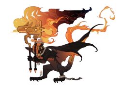  chain cuffs disembodied_head dragon fiery_tail fire from_side full_body headless holding microw monster monster_focus no_humans original shackles simple_background simple_bird solo tail white_background wings 