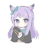  :o animal_ears black_jacket blue_bow blue_ribbon blush_stickers bow commentary cropped_torso ear_ribbon highres horse_ears jacket long_hair long_sleeves looking_at_viewer mejiro_mcqueen_(umamusume) nozo_(hitomiz) parted_bangs parted_lips purple_hair ribbon simple_background sleeves_past_wrists symbol-only_commentary umamusume upper_body very_long_hair violet_eyes white_background 