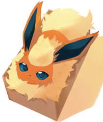  animal_focus blue_eyes box closed_mouth e_eee_g flareon fluffy full_body highres in_box in_container looking_at_viewer neck_fur no_humans orange_fur pokemon pokemon_(creature) pokemon_focus smile tail yellow_fur 