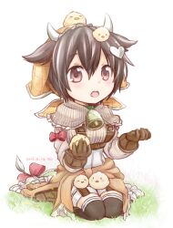  1girl animal animal_on_head animal_on_lap baby_animal bandana bell belt bird breasts brown_eyes brown_hair brown_thighhighs capelet chibi chick clothes_around_waist collar cow_girl cow_horns cow_tail emil_chronicle_online green_collar hair_ornament heart heart_hair_ornament holding holding_animal horns jacket jacket_around_waist large_breasts meadow momo_alma neck_bell on_head on_lap open_mouth orange_bandana orange_jacket seiza shirt shorts sitting solo striped_capelet striped_clothes striped_shirt tail thigh-highs two_side_up white_background white_capelet white_shirt white_shorts yukimise_(hamuhamu) 