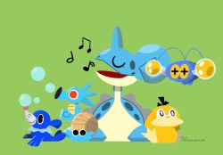  bird bubble chinchou closed_eyes closed_mouth duck fish green_background highres horns horsea iltuki lapras musical_note no_humans omanyte open_mouth pokemon pokemon_(creature) pokemon_focus popplio psyduck sea_lion seahorse shell simple_background single_horn 