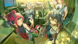  2boys 2girls =_= absurdres anger_vein angry animal_ears apron arknights arm_behind_back black_hair black_shirt blaze_(arknights) blaze_the_igniting_spark_(arknights) blue_dress blue_jacket breasts broken broken_plate cat_ears character_request closed_eyes colored_extremities colored_skin commentary dishwashing dragon_boy dragon_horns dragon_tail dress fisheye grey_hair grey_shirt headband highres horns ichika_(ichika87) indoors jacket large_breasts long_hair looking_at_another multiple_boys multiple_girls plate pointing red_hair red_skin shirt sink sleeveless sleeveless_shirt t_t tail waist_apron white_apron window xingzhu_(arknights) yu_(arknights) 
