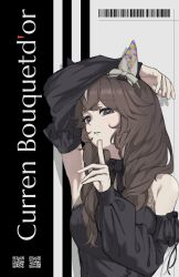  1girl animal_ears arata_savage arm_on_own_head arm_up armpit_crease barcode black_dress bow braid braided_sidelocks breasts brown_hair character_name cover crossed_bangs curren_bouquetd&#039;or_(umamusume) detached_sleeves dress ear_bow ear_covers fake_magazine_cover finger_to_mouth grey_bow hand_up highres horse_ears horse_girl index_finger_raised long_hair long_sleeves low_twin_braids magazine_cover medium_breasts qr_code shushing single_ear_cover sleeveless sleeveless_dress solo twin_braids umamusume white_hair 