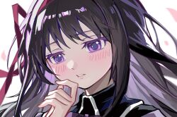  1girl absurdres akemi_homura black_capelet black_hair bow bowtie capelet collared_capelet colored_eyelashes colored_inner_hair expressionless fingernails hair_ribbon hairband hand_on_own_cheek hand_on_own_face highres jitome light_blush lips long_hair looking_ahead magical_girl mahou_shoujo_madoka_magica mahou_shoujo_madoka_magica_(anime) multicolored_hair parted_lips petals pink_lips pink_nails purple_bow purple_bowtie purple_capelet purple_hair red_hairband red_ribbon ribbon simple_background solo teeth two-tone_capelet two-tone_hair upper_body violet_eyes white_background yuzi_buchiyu 