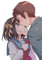  1boy 1girl absurdres blue_sailor_collar brown_eyes brown_hair clothes_grab commentary_request hairband height_difference hetero highres kita_high_school_uniform kyon long_sleeves looking_at_another necktie necktie_grab neckwear_grab red_necktie red_ribbon ribbon sailor_collar school_uniform serafuku short_hair simple_background suzumiya_haruhi suzumiya_haruhi_no_yuuutsu taiki_(6240taiki) white_background winter_uniform yellow_hairband yellow_ribbon 