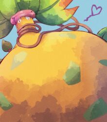 absurdres closed_mouth colored_skin heart highres leaf mega_pokemon mega_victreebel missou_shiro no_humans pink_lips plant plant_monster pokemon pokemon_(creature) pokemon_focus pokemon_legends:_z-a simple_background solo victreebel vines yellow_skin