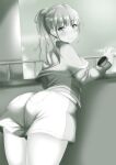  1girl absurdres ass bracelet greyscale hayami_sena highres jewelry mashin_sentai_kiramager monochrome pandacross ponytail shorts smile solo super_sentai tagme tokusatsu 