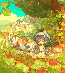  1boy 4others :d absurdres bai_yang_zi bird black_hair blue_shirt blush_stickers brown_eyes carrot chibi chibi_only collared_shirt contrast_collar day dog goose hair_between_eyes hat highres kindergarten_uniform long_sleeves multiple_others open_mouth original outdoors penguin pink_shirt sample_watermark scarecrow school_hat sheep shirt short_hair smile standing stuffed_animal stuffed_toy teddy_bear tomato tree watermark white_hat yellow_hat 