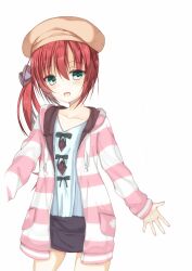  1girl :d a-pose all_justice aqua_eyes beret black_bow blue_shirt blush bow brown_hat casual collarbone commentary_request cowboy_shot eyelashes eyes_visible_through_hair hair_between_eyes hat highres hood hood_down hoodie long_hair looking_at_viewer mibu_chisaki official_alternate_costume official_alternate_hairstyle open_clothes open_hoodie open_mouth outstretched_hand pink_hoodie red_hair riddle_joker shirt shirt_bow side_ponytail sidelocks simple_background sleeves_past_wrists smile solo straight_hair striped_clothes striped_hoodie white_background 