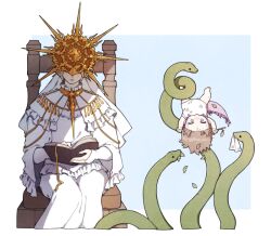 1boy 1girl aged_down animal armor baby blue_background book brown_hair chair company_captain_yorshka covered_eyes cowboy_shot dark_souls_(series) dark_souls_i dark_souls_iii dark_sun_gwyndolin donar0217 dress gold_armor gold_headwear helmet helmet_over_eyes holding holding_book long_sleeves sitting snake spiked_helmet spiked_necklace sun_symbol tail veil white_dress wide_sleeves 