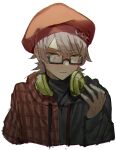  1boy black_hoodie closed_mouth glasses green_eyes headphones headphones_around_neck hood hood_down hoodie light_brown_hair long_sleeves looking_at_viewer male_focus okami_game_(werewolf) red_headwear red_hoodie shimotsuki_yukinari short_hair solo user_kuwk3885 