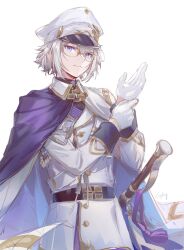  1boy adjusting_clothes adjusting_gloves aiguillette belt bishounen black_belt blue_eyes cape csyday fate/grand_order fate_(series) formal_clothes glasses gloves half_gloves hat highres jacket military_uniform multicolored_cape pants peaked_cap prince_of_lan_ling_(celebratory_attire)_(fate) prince_of_lan_ling_(fate) sheath sheathed simple_background solo sword weapon white_background white_gloves white_hair white_hat white_jacket white_pants wing_collar 