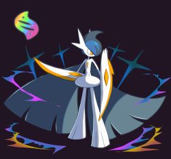  1boy alternate_color arm_behind_back arm_blade black_hair blue_hair closed_mouth colored_skin commentary_request dot_mouth full_body gallade hair_over_one_eye hand_up highres looking_to_the_side male_focus mega_evolution mega_evolution_symbol mega_gallade mega_pokemon mohawk monya multicolored_hair one_eye_covered orange_eyes pokemon pokemon_(creature) purple_background shiny_pokemon short_hair solo standing two-tone_hair weapon white_skin 