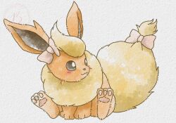  animal_focus baya_(sakura_mint) blush bow closed_mouth ear_bow flareon full_body neck_fur no_humans orange_fur pink_bow pokemon pokemon_(creature) pokemon_focus simple_background smile solo tail tail_bow tail_ornament yellow_fur 