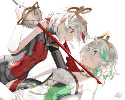  2girls alternate_costume bare_shoulders braid cecilia_immergreen corset doll_joints dual_persona eye_contact green_eyes green_hair grey_hair highres hololive hololive_english joints looking_at_another lying multicolored_hair multiple_girls on_back pinned radical_highway rapier red_eyes red_hair romper side_braid streaked_hair sword two-tone_hair virtual_youtuber weapon winding_key 