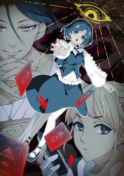  1boy 2girls absurdres backpack bag blonde_hair blue_eyes blue_hair blue_shoes blue_skirt collared_shirt commentary_request cone_hair_bun double_bun eye_symbol floating_card frilled_shirt frilled_sleeves frills fukurai_azami full_body hair_bun hands_up highres holding holding_phone interlocked_fingers jasmine_(toshi_densetsu_kaitai_center) limited_palette long_sleeves looking_at_viewer meguriya_ayumu multiple_girls open_mouth own_hands_together pantyhose phone puffy_long_sleeves puffy_sleeves reaching reaching_towards_viewer shin_(xxshin) shirt shoes short_hair skirt smile standing toshi_densetsu_kaitai_center white_pantyhose 