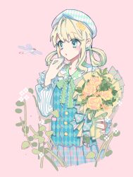  1girl :o agent_pp aqua_eyes argyle_clothes argyle_hat argyle_vest beret blonde_hair blue_skirt blue_vest bouquet bow bowtie bug buttons collarbone collared_shirt cropped_legs dragonfly earrings eyelashes flower frilled_sleeves frills green_bow green_bowtie hair_bun hair_flower hair_ornament hair_rings hand_on_own_chin hat highres holding holding_bouquet infinity_nikki jewelry lace-trimmed_bowtie light_blush long_sleeves looking_at_animal medium_hair nikki_(series) open_mouth pink_background plaid_clothes plaid_skirt pleated_skirt pocket puffy_long_sleeves puffy_sleeves rose shirt sidelocks simple_background single_hair_bun skirt solo striped_bow striped_bowtie striped_clothes stud_earrings stylist_(nikki) unmoving_pattern vertical-striped_sleeves vest wavy_hair white_hat white_shirt yellow_flower yellow_rose 