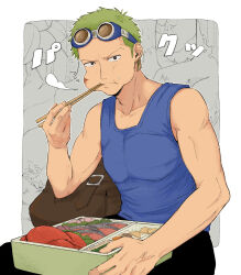  1boy blue_tank_top chopsticks earrings food food_on_face goggles goggles_on_head highres holding_bento iqracha jewelry lobster looking_at_viewer male_focus oden one_piece roronoa_zoro short_hair sideburns solo tank_top toned toned_male translation_request veins veiny_hands 
