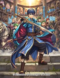  6+boys 6+others abel_(fire_emblem) armor blue_armor blue_eyes blue_hair boots brown_boots cain_(fire_emblem:_shadow_dragon) cape commentary_request company_name draug_(fire_emblem) fire_emblem fire_emblem:_mystery_of_the_emblem fire_emblem_cipher gordin_(fire_emblem) green_eyes green_hair grey_hair holding holding_polearm holding_sword holding_weapon horse horseback_riding izuka_daisuke jagen_(fire_emblem) male_focus marth_(fire_emblem) multiple_boys multiple_others official_art old old_man open_mouth polearm purple_armor red_hair riding sheath short_hair sword tiara two-sided_cape two-sided_fabric unsheathed weapon 