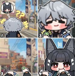 1boy 1girl 4koma animal_ears fox_ears hoshimi_miyabi long_hair short_hair wise_(zenless_zone_zero) zenless_zone_zero